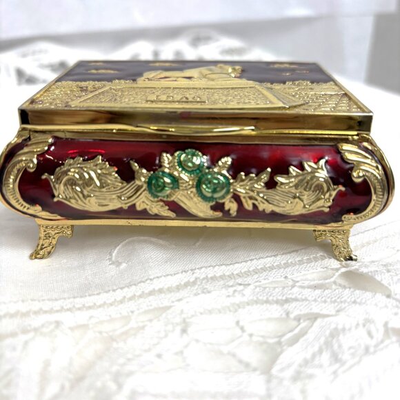Jewelry Trinket Box Iraq Lion of Babylon gold tone faux jewels VTG - Picture 5 of 13